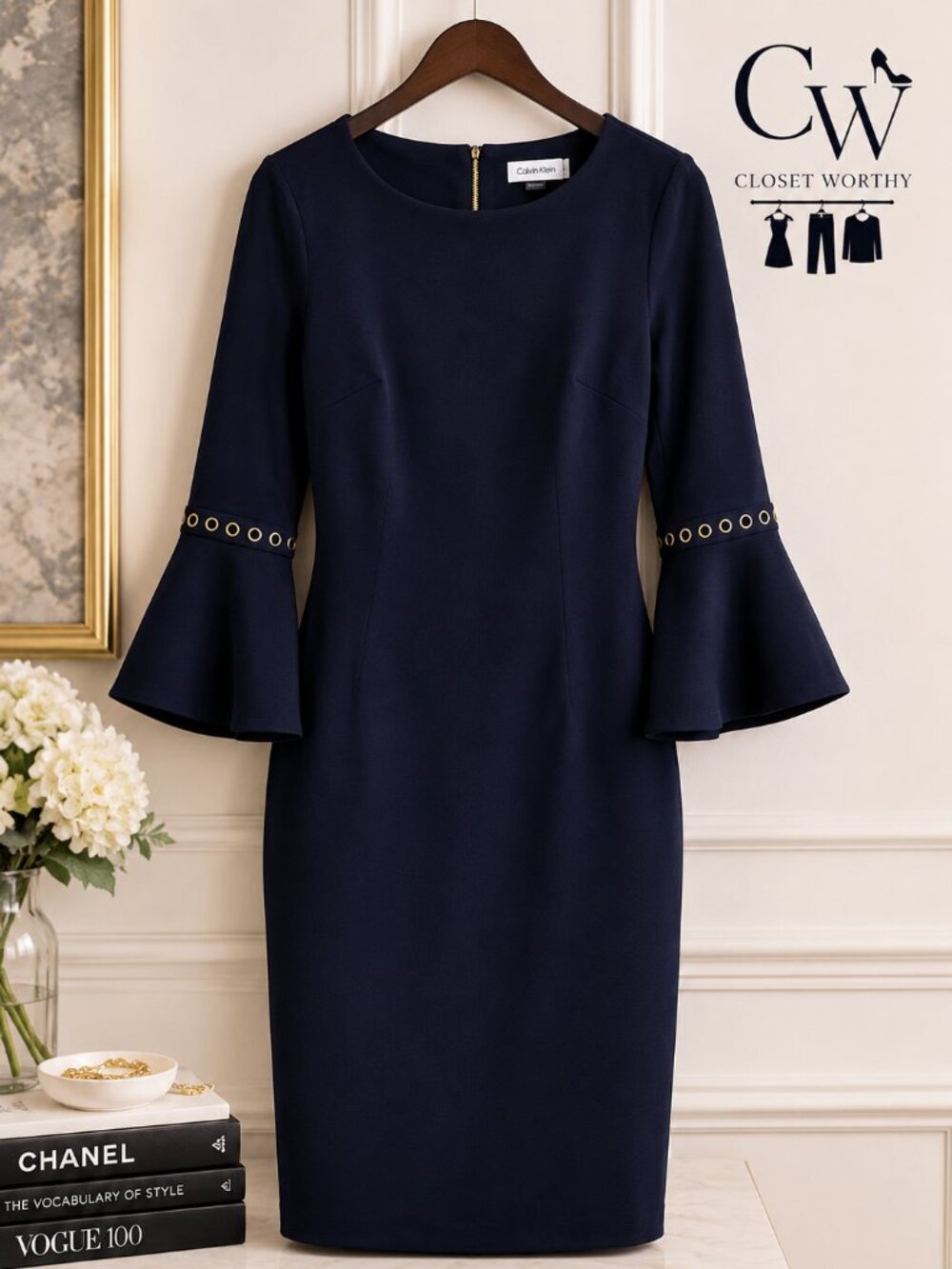 Calvin Klein Navy Bell Sleeve Sheath Dress – Size 6